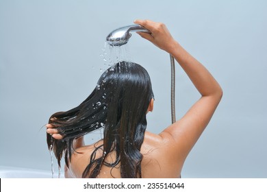 Woman Washing Her Hair With Shower, Water