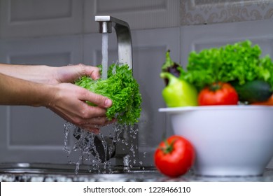 Woman washing vegetables in the kitchen at home. Fresh vegetables for salad. Healthy food concept. Right food, proper nutrition. Homemade food concept. - Powered by Shutterstock