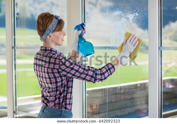 Woman Washing Window Women Short Hair Stock Photo Edit Now 642092323