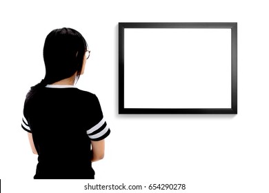 Woman Watching Blank Photo Frame On White Wall Art Gallery, Art Exhibition