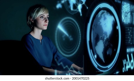 Woman Watching Hologram Screen. Science Technology. Management Strategy.