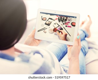 Woman Watching Online Tutorial On Tablet. Makeup And Beauty Blog.