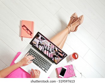 Woman Watching Online Tutorial On Laptop. Makeup And Beauty Blog.