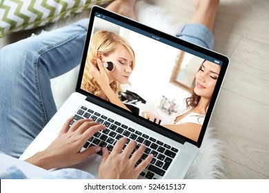 Woman Watching Online Tutorial On Laptop. Makeup And Beauty Blog.