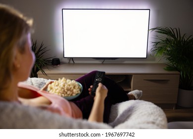 Woman Watching TV At Home, Empty White TV Screen Mockup