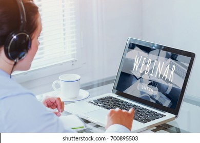 Woman Watching Webinar Online On Computer, Business Education Concept, Coaching