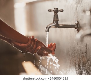 Woman, water and washing hands with tap from faucet in public bathroom for hygiene, bacteria and disinfection. Person, closeup and sink for skincare, cleaning and protection from germs in washroom - Powered by Shutterstock