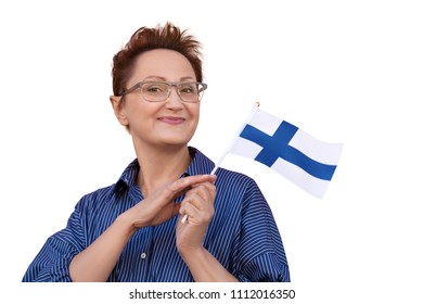 Woman Waving Finnish Flag. Nice Portrait Of Middle Aged Lady 40 50 Years Old Isolated On White Background  Holding Flag Of Finland And Smiling. Learning Finnish Language Or Travel To Finland Concept.