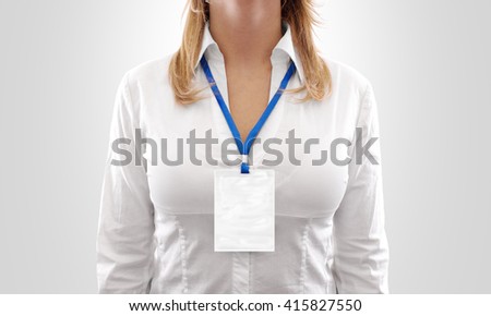 Woman wear big blank white vertical badge mockup, stand isolated. Name tag on neck and chest. Person identity label. Women in shirt uniform with empty id card mock up. Bussinesswoman lanyard design.