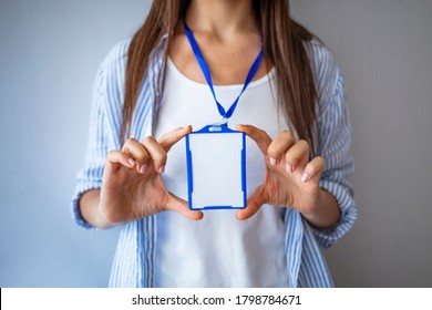 Woman Wear Blank ID Badge Mockup, Stand Isolated. Name Tag On Neck And Chest. Person Identity Label. Women In Shirt Uniform With Empty Id Card Mock Up. Bussinesswoman Lanyard Design.