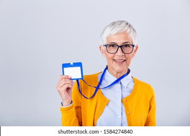 Woman Wear Blank Vertical ID Badge Mockup, Stand Isolated. Name Tag On Neck And Chest. Person Identity Label. Women In Shirt Uniform With Empty Id Card Mock Up. Bussinesswoman Lanyard Design.