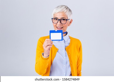 Woman Wear Blank Vertical ID Badge Mockup, Stand Isolated. Name Tag On Neck And Chest. Person Identity Label. Women In Shirt Uniform With Empty Id Card Mock Up. Bussinesswoman Lanyard Design.