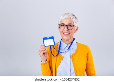 Woman Wear Blank Vertical ID Badge Mockup, Stand Isolated. Name Tag On Neck And Chest. Person Identity Label. Women In Shirt Uniform With Empty Id Card Mock Up. Bussinesswoman Lanyard Design.