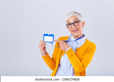 Woman Wear Blank Vertical ID Badge Mockup, Stand Isolated. Name Tag On Neck And Chest. Person Identity Label. Women In Shirt Uniform With Empty Id Card Mock Up. Bussinesswoman Lanyard Design.