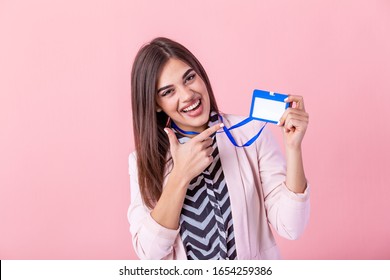 Woman Wear Blank Vertical ID Badge Mockup, Stand Isolated. Name Tag On Neck And Chest. Person Identity Label. Women In Shirt Uniform With Empty Id Card Mock Up. Bussinesswoman Lanyard Design.