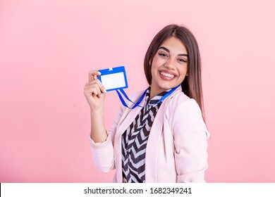 Woman Wear Blank Vertical ID Badge Mockup, Stand Isolated. Name Tag On Neck And Chest. Person Identity Label. Women In Shirt Uniform With Empty Id Card Mock Up. Bussinesswoman Lanyard Design.