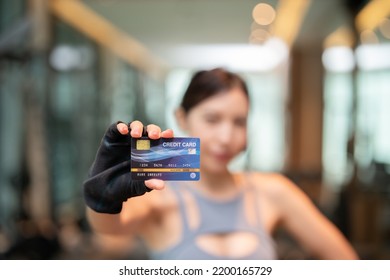 Woman Wear Blue Sportswear Show Credit Bank Card Pay Gym Membership.