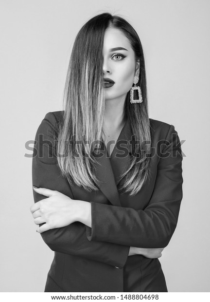 Woman Wear Glamorous Earrings Hairstyle Hairdresser Stock Photo