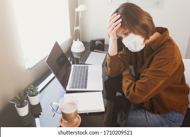 Woman Wear Mask And Work Get Stress From Covid19 ,coronavirus Pandemic . Expense And Payment Problem . Stay Home Order Concept.