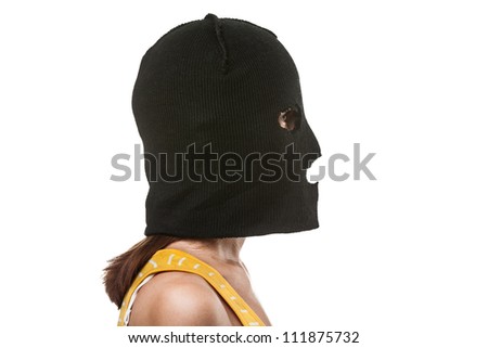 woman wearing balaclava or mask on head white isolated