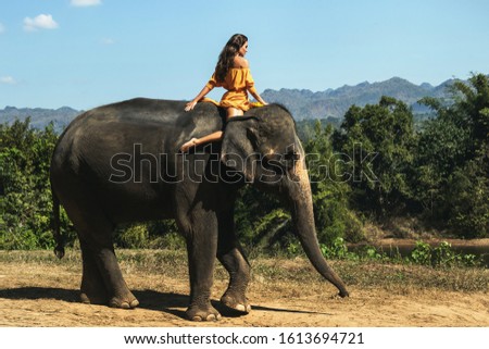 Woman wearing beautiful orange dress is riding the mighty elephant