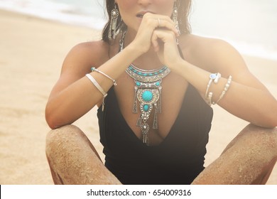 Woman Wearing Beautiful Silver Necklace