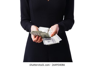 Woman wearing a black dress recounts dollars, close up