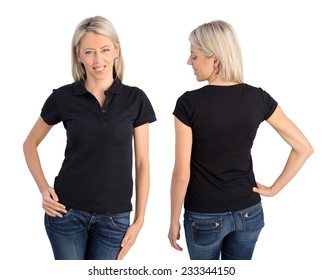 Woman Wearing Black Polo Shirt, Front And Back Views