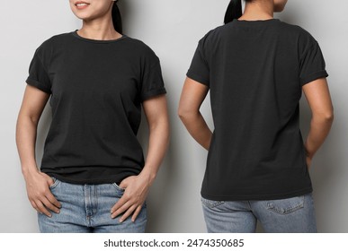 Woman wearing black t-shirt on light grey background, collage of closeup photos. Front and back views