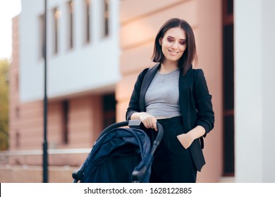 Woman Wearing Blazer Pushing Baby Stroller 
Chic Elegant Mom And Her Newborn Walking Outdoors
