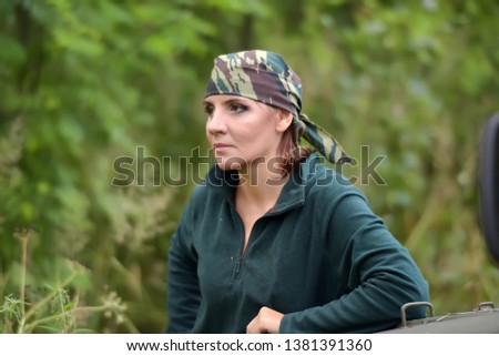 Woman wearing camouflage bandana  Fashion, brave.