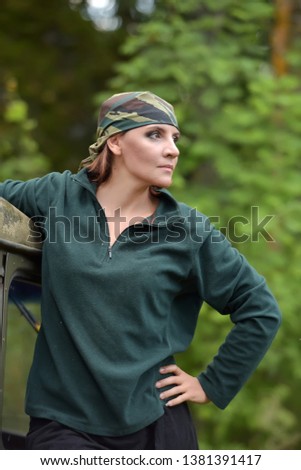 Woman wearing camouflage bandana  Fashion, brave.