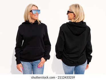 Woman wearing casual black hoody, front and back view, mockup for hoodie sweatshirt design