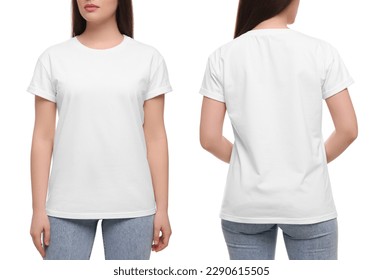 Woman wearing casual t-shirt on white background, closeup. Collage with back and front view photos. Mockup for design