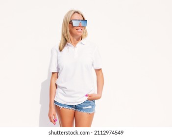 Woman Wearing Casual White Polo Shirt, Mockup For Female Poloshirt Design