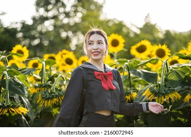 Woman Wearing Cosplay Japanese School Uniform At Sunflower Garden Outdoor.