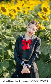 Woman Wearing Cosplay Japanese School Uniform At Sunflower Garden Outdoor.