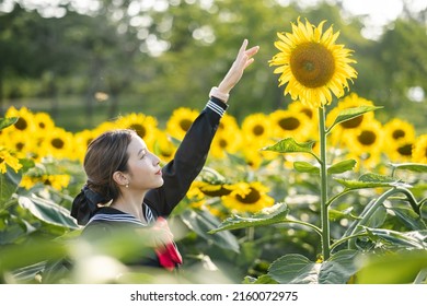 Woman Wearing Cosplay Japanese School Uniform At Sunflower Garden Outdoor.