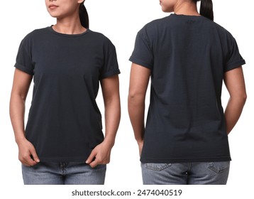 Woman wearing dark grey t-shirt on white background, collage of closeup photos. Front and back views