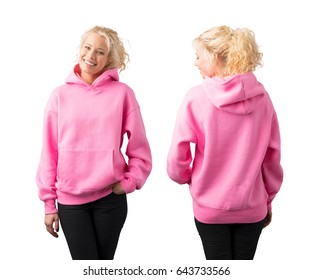 Woman wearing empty pink hoodie, mockup for your own design