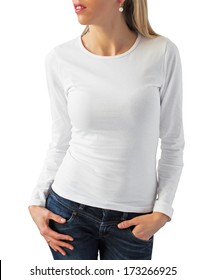 Woman Wearing Empty White Shirt With Long Sleeves