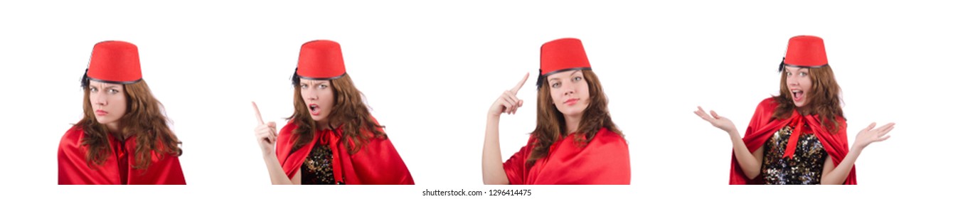 Woman Wearing Fez Hat Isolated On White