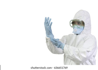 Woman Wearing Gloves With Biohazard Chemica Protective Suit. Isolated On White Background.
