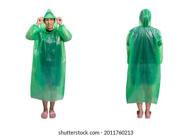 Woman wearing a green raincoat, Wearing pink shoes, Front and Back view, Isolated on white background