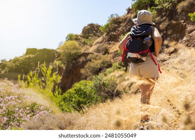 Woman wearing a hat and backpack hiking through sunny mountain terrain, surrounded by greenery and flowers. Captures outdoor adventure and nature exploration. - Powered by Shutterstock