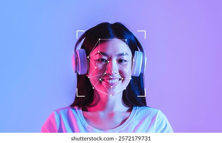 A woman wearing headphones smiles as a facial recognition overlay appears on her face. Bright blue and purple colors create a modern and tech-focused atmosphere.
