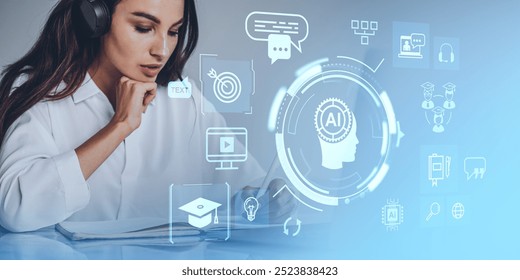 Woman wearing headphones, studying with digital AI icons overlayed on a blue background. The image represents the concept of modern online education and digital learning - Powered by Shutterstock