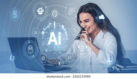 Woman wearing a headset, using a laptop, surrounded by futuristic AI concept icons, on a blue background, symbolizing technology and innovation