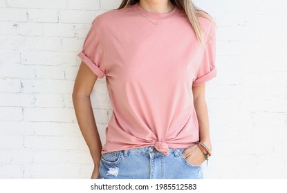 Woman Wearing Heather Peach Empty T Shirt . Shirt Mock Up 