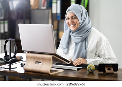 Woman Wearing Hijab In Virtual Interview Meeting. Online Conference Call
